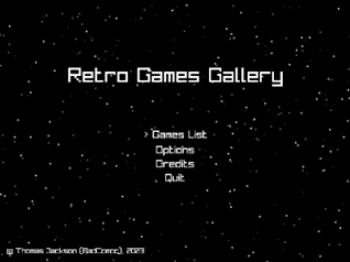 A screenshot showcasing the main menu of Retro Games Gallery.