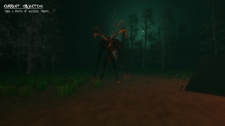 A screenshot showcasing the Wendigo creature within the forest environment in The Calling.